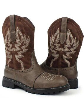 Women's Coffee Mid Calf Western Cowboy Cowgirl Boot Round Toe Embroidered Boots